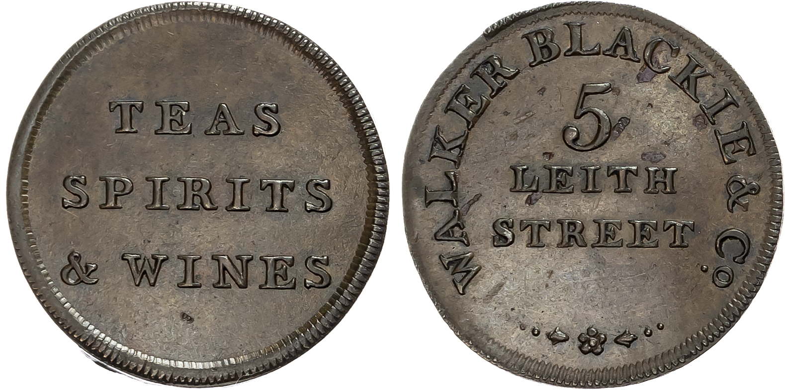 Loth. Edinburgh , Walker Blackie & Co Farthing (grocer and wine merchant) (1790s), Adress in 3 lines, rev . 3-line legen …