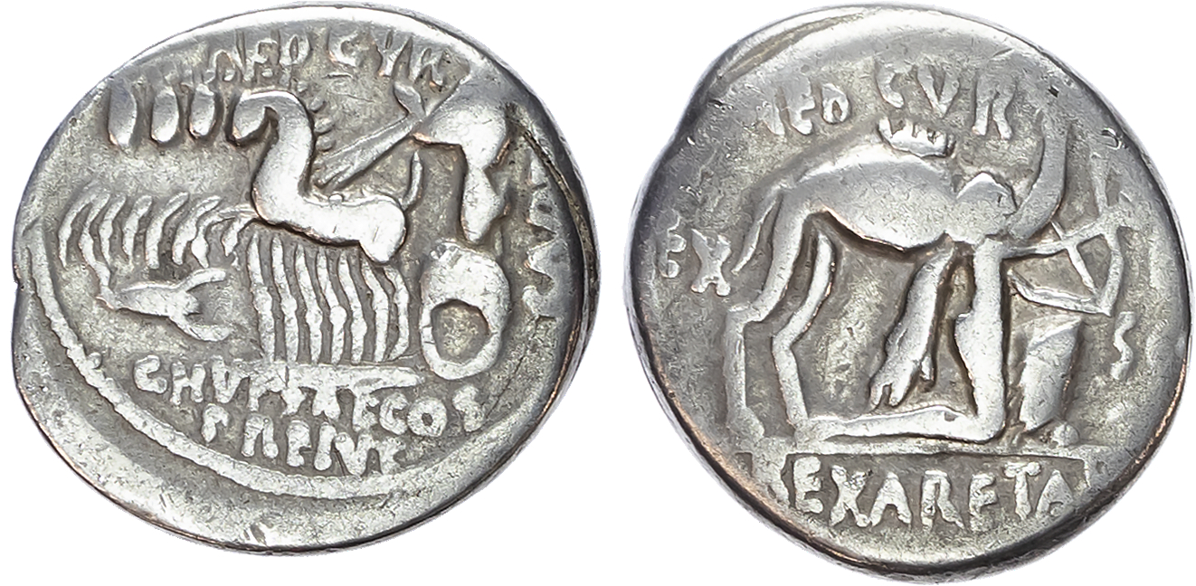 M. Aemilius Scaurus and Pub. Plautius Hypsaeus (58 BC) AR Denarius, mint of Rome, 3.78g. 