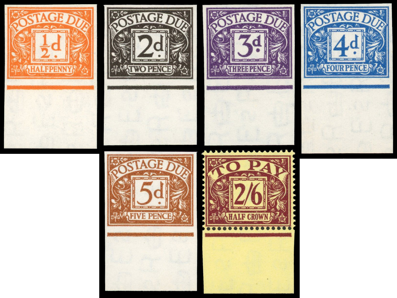 Great Britain 1954 ½d-2s6d Postage Dues, Set of Six, BPMA Imprimatur, SG D40/5