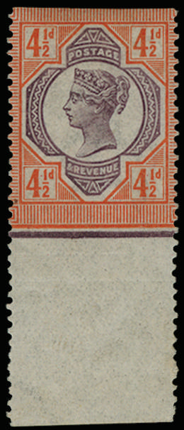 Great Britain 1892 4½d "Jubilee" Colour Trial (Line Perf 14). Very fine bottom marginal partially perforated colou…