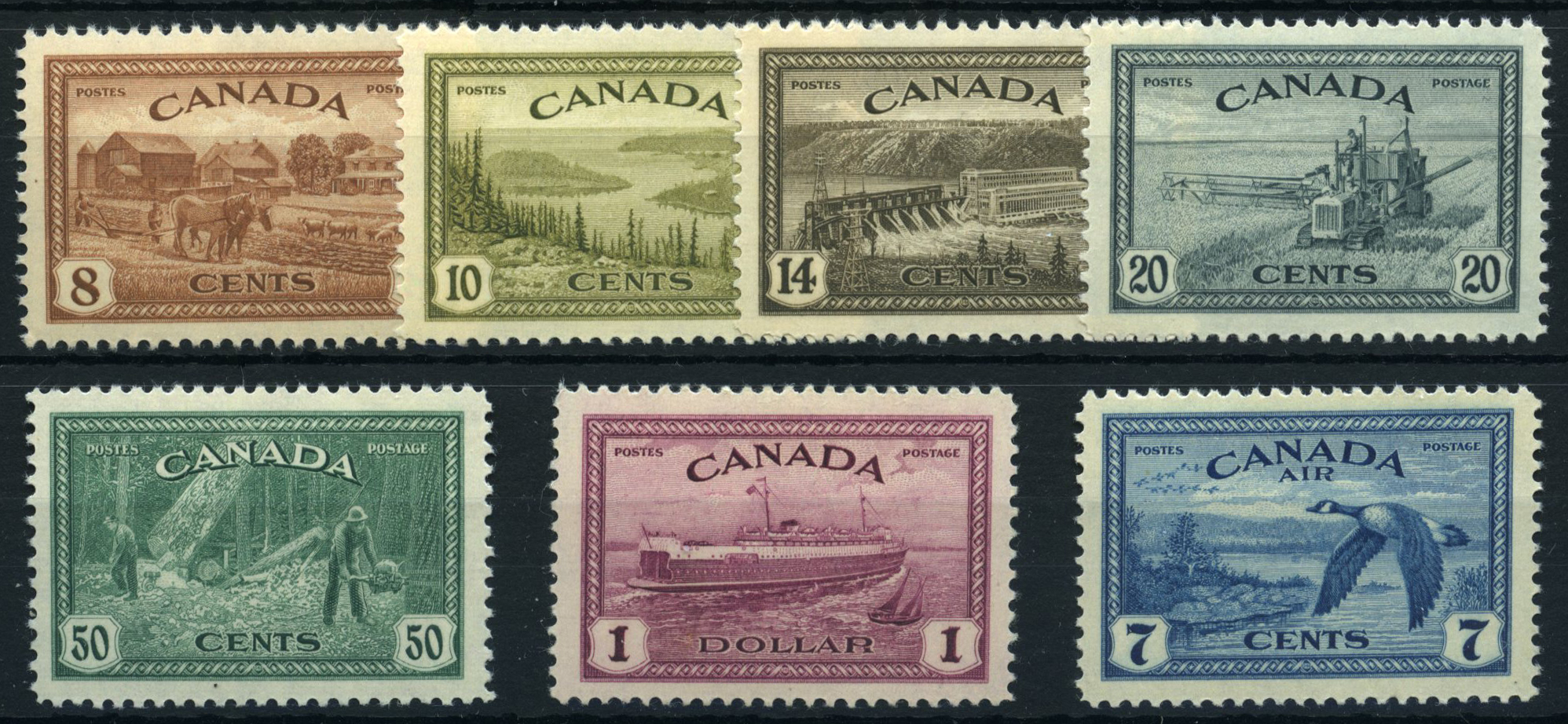 1946-47 Peace re-conversion set of seven, u/m. SG 401-407, cat...