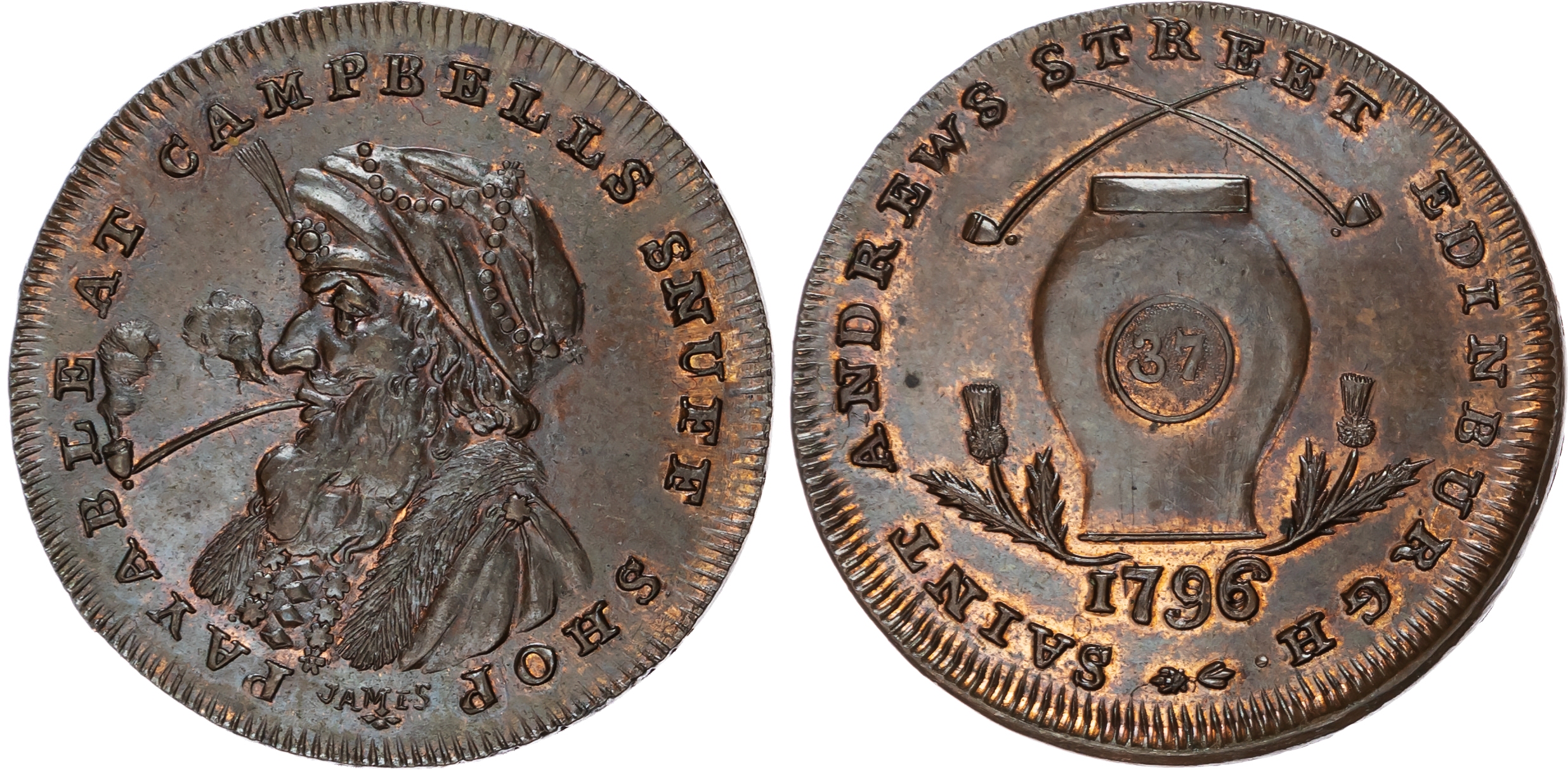 Loth. Edinburgh , Spence’s Campbell Halfpenny 1795, turbaned Turk’s bust left with a pipe, rev, Tobacco jar ma…