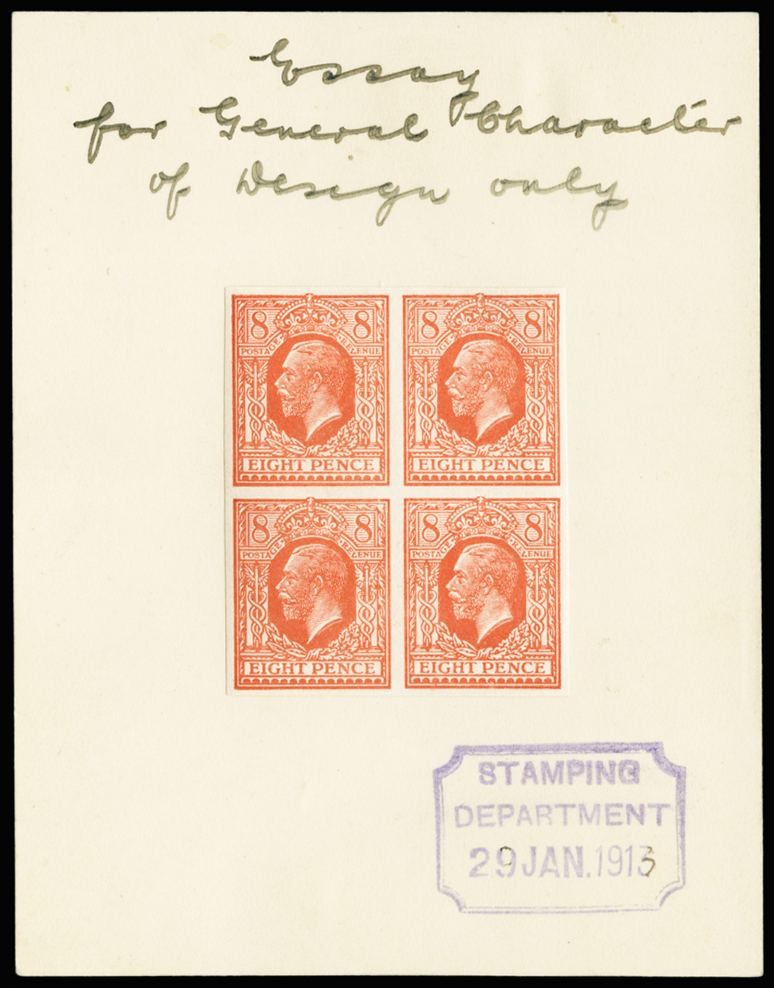 GB SG390var 1912 8d Eve's Pillar Design essay block of four.