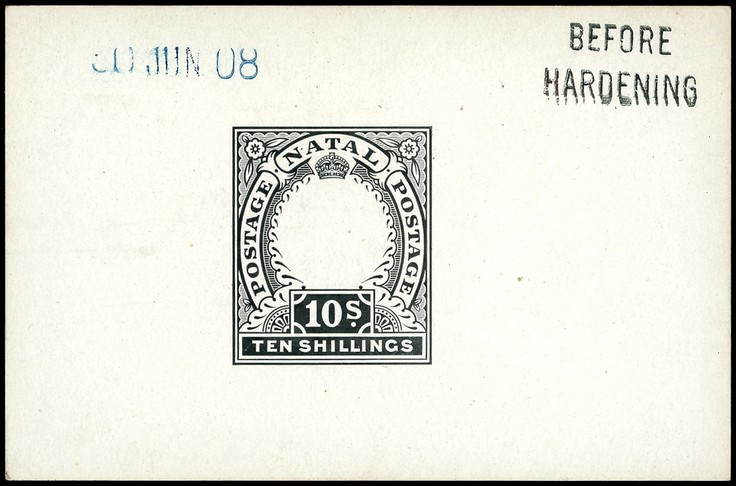 1908 Die Proof of 10/- Duty Plate in black on glazed card 93 x 60mm, dated 30 JUN. 08 in blue and marked BEFORE HARDENING. ...