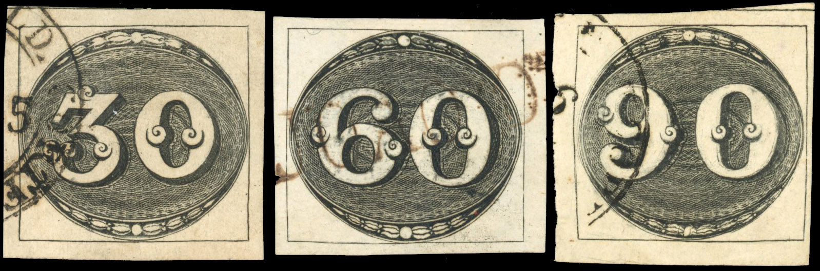 Brazil Bull's Eye 1843 clear impression used set of three