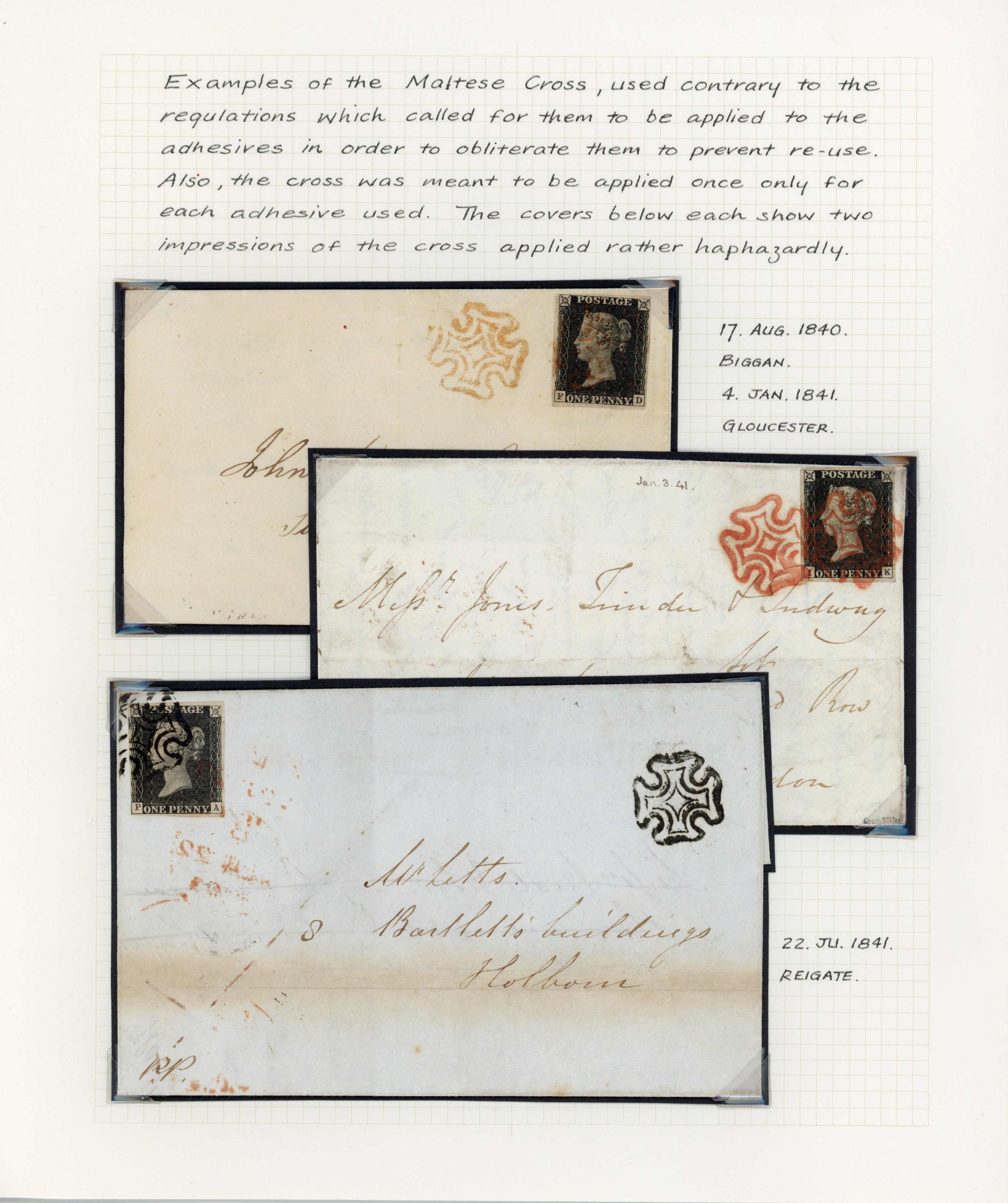 1840 1d Black. Fine group of three matching covers contrary to regs