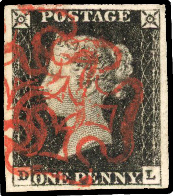 1840 1d black, plate 1A (DL) neatly struck by double red MC, fine SG 2 