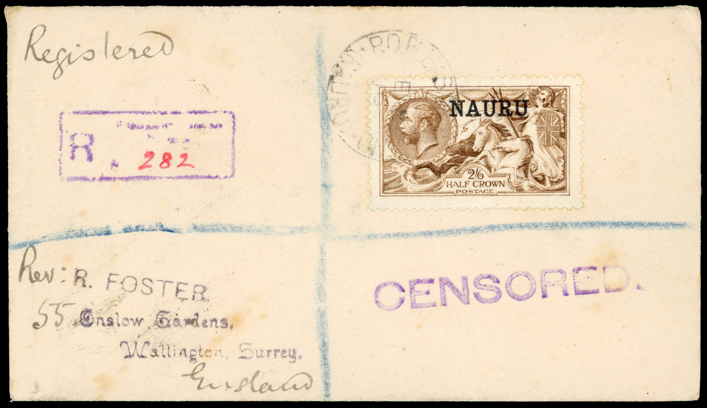 Nauru 1919 censored registered cover to England