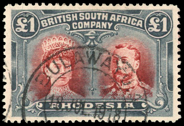 Rhodesia 1910-13 £1 lake-brown and (pale) slate-black perf 14