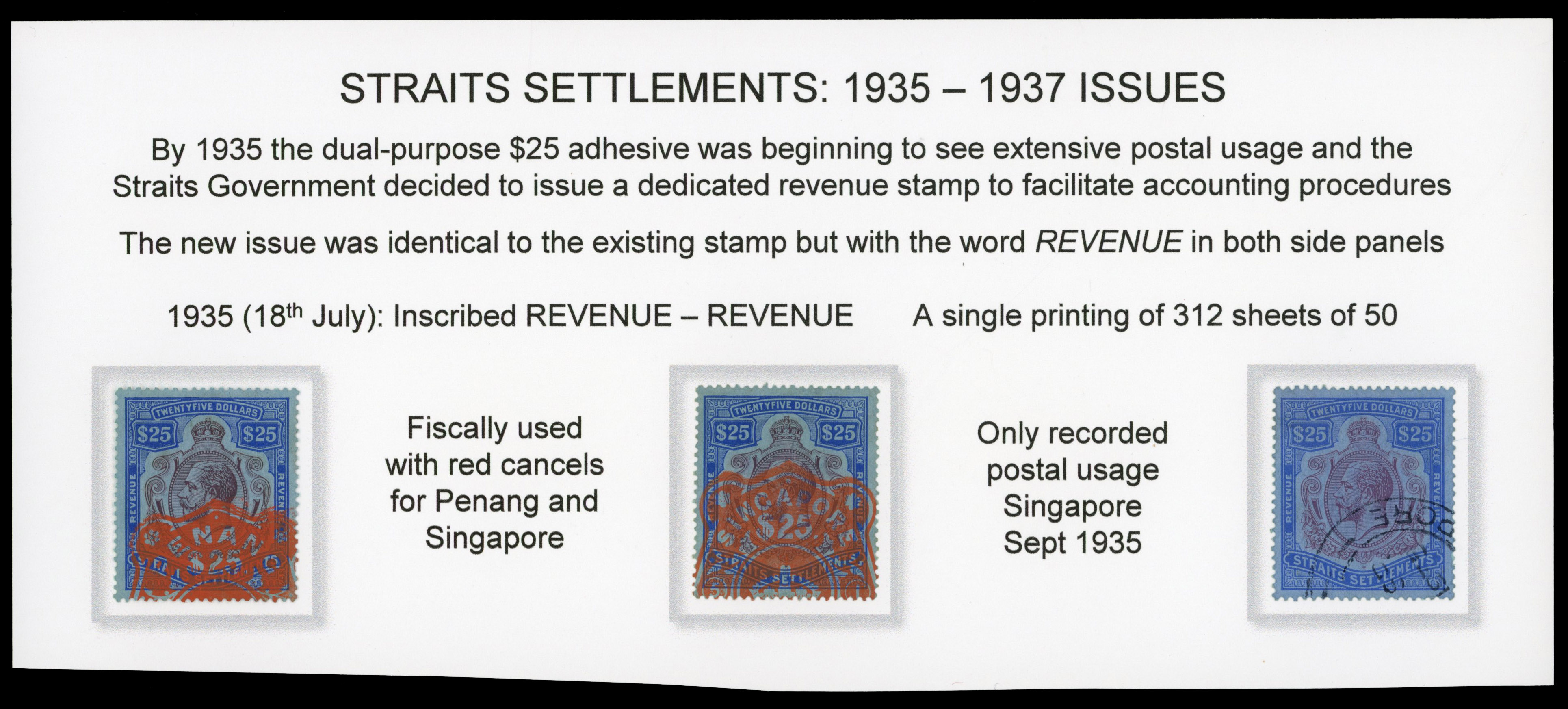 Straits Revenue 1935 $25 Revenue-Revenue keyplate small group