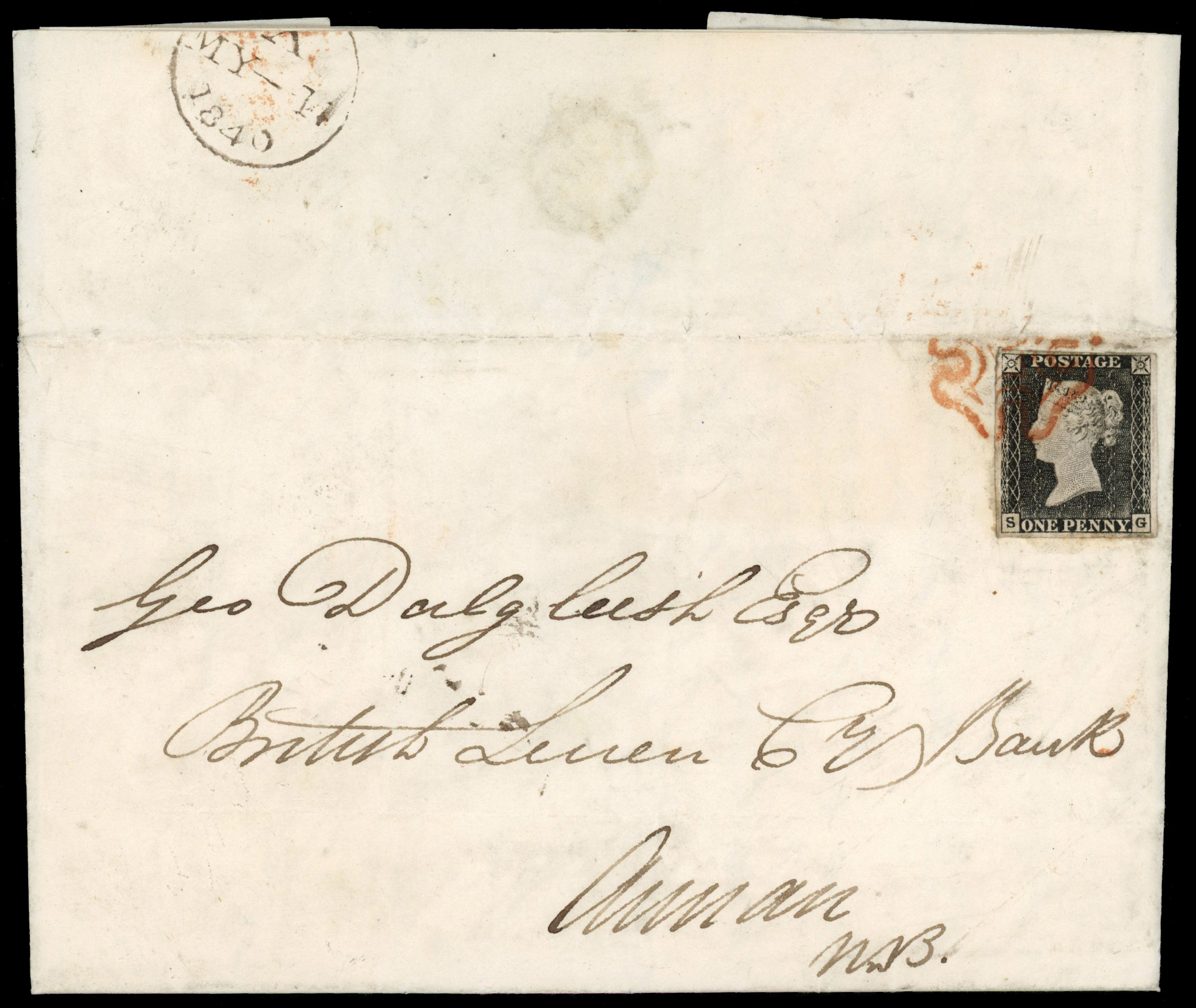GB 1840 1d black May Date (14th) entire from London to Annan, SG 3