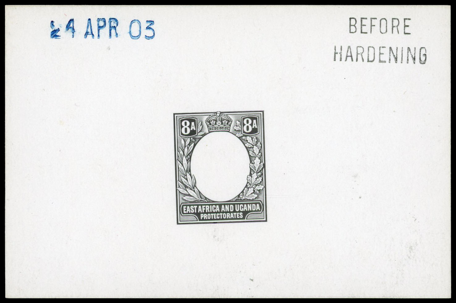 1903 8a De La Rue die proof in black on glazed card dated “24 APR 03" in blue and endorsed “BEFORE HARDENING”