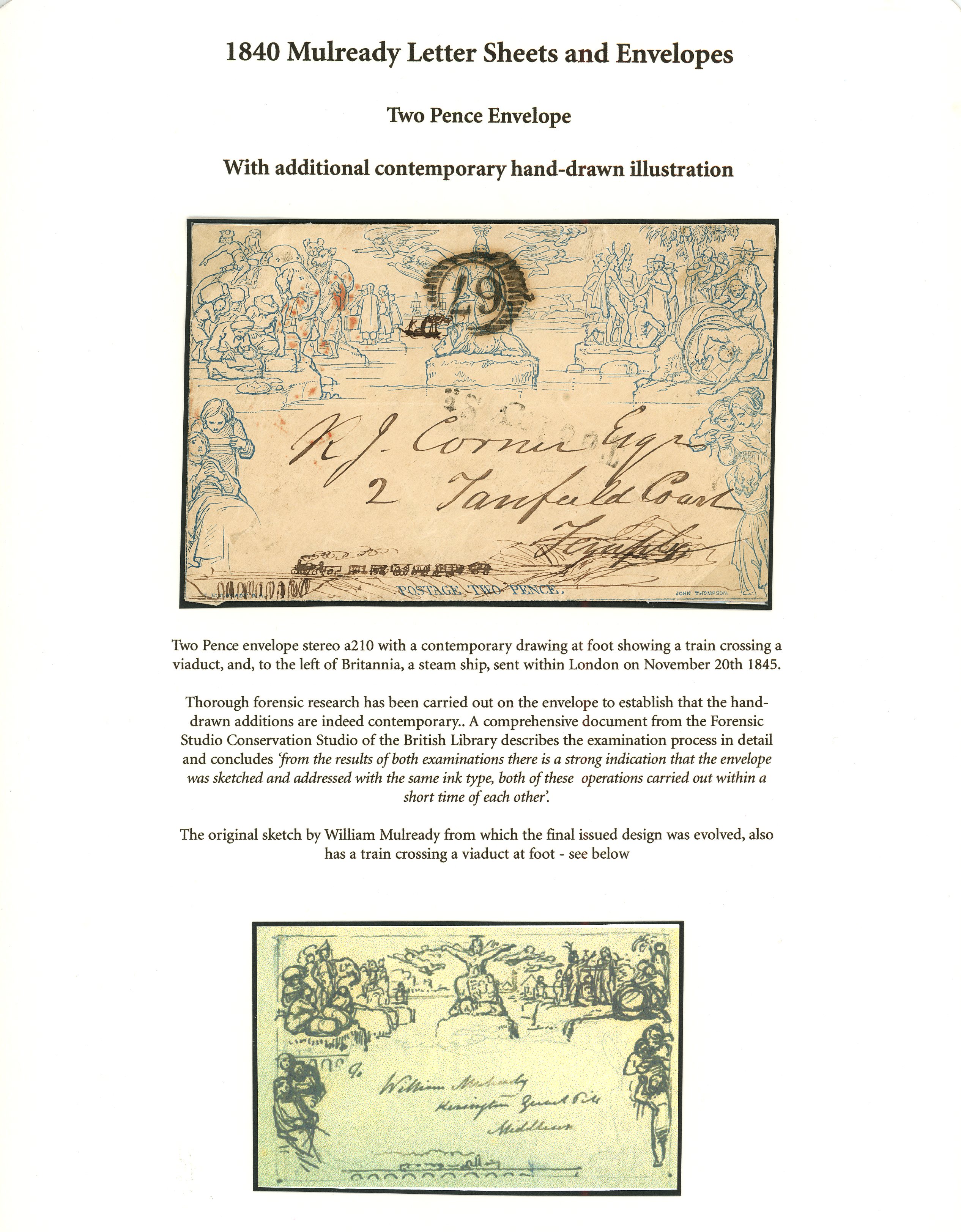 1840 2d blue Mulready envelope, stereo a210, with additional contemporary drawing of a ship left of...