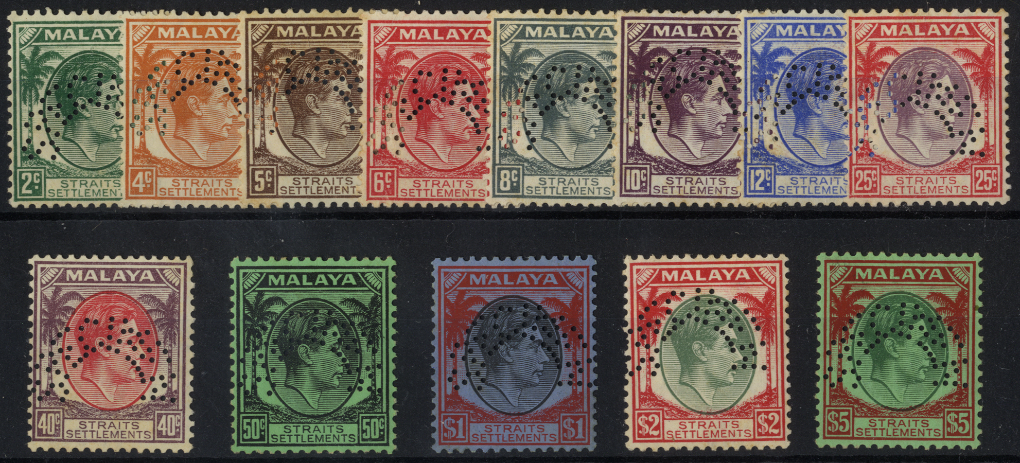 Straits Settlements.  1937-8 definitives 2ct - $5 (thirteen) less the 1ct, 30ct and later values perforated SPECIMEN Type...