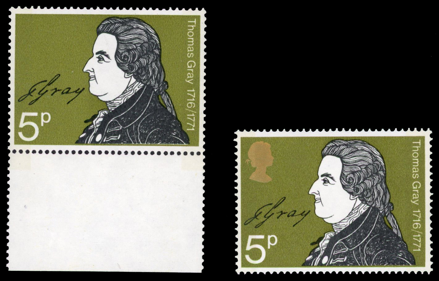 1971 3p Literary Anniversaries gold (Queen's head) omitted, offered with normal for comparison, fine unmounted o.g. SG 885a