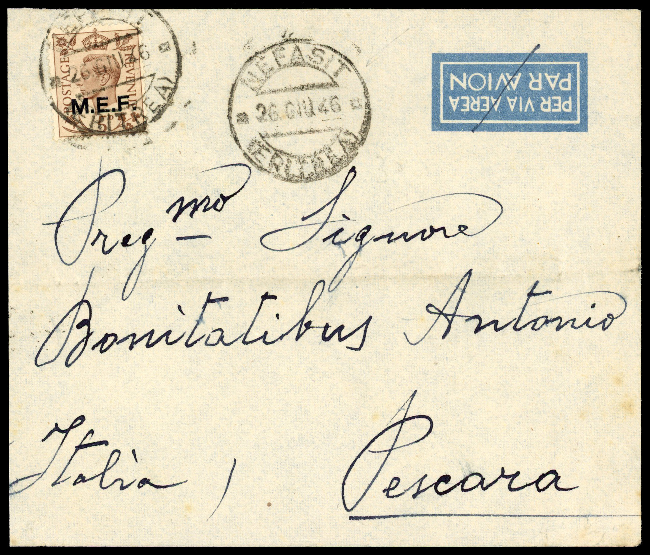 1946 airmail cover to Italy but sent surface mail, franked 5d tied by scarce ‘NEFASIT/(ERITREA)26 GIU 46’ cds