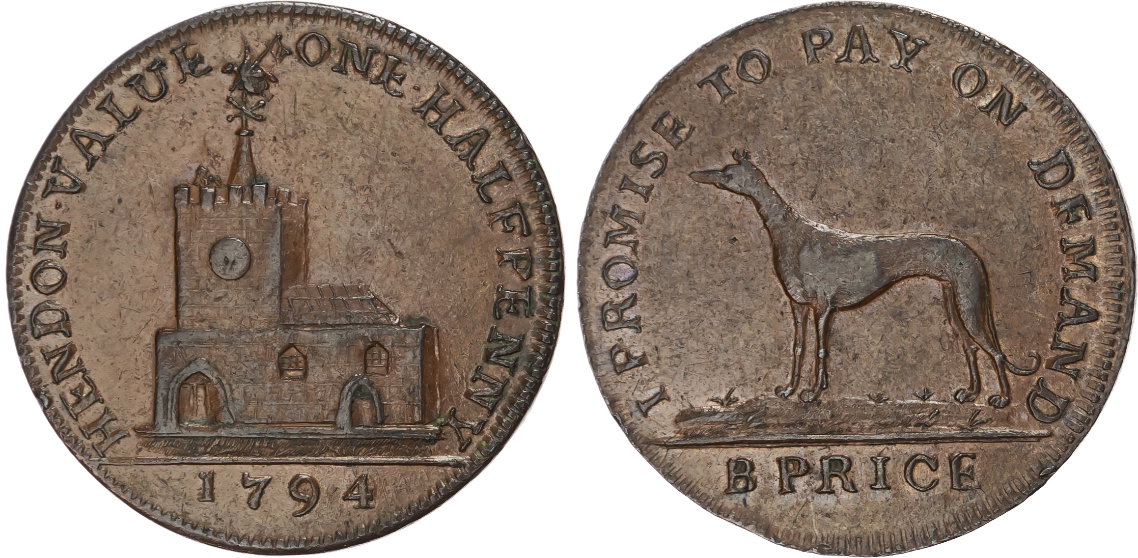 London, Hendon , Benjamin Price (innkeeper – ‘the Greyhound’) Halfpenny 1794, Greyhound standing left, rev. Pa…