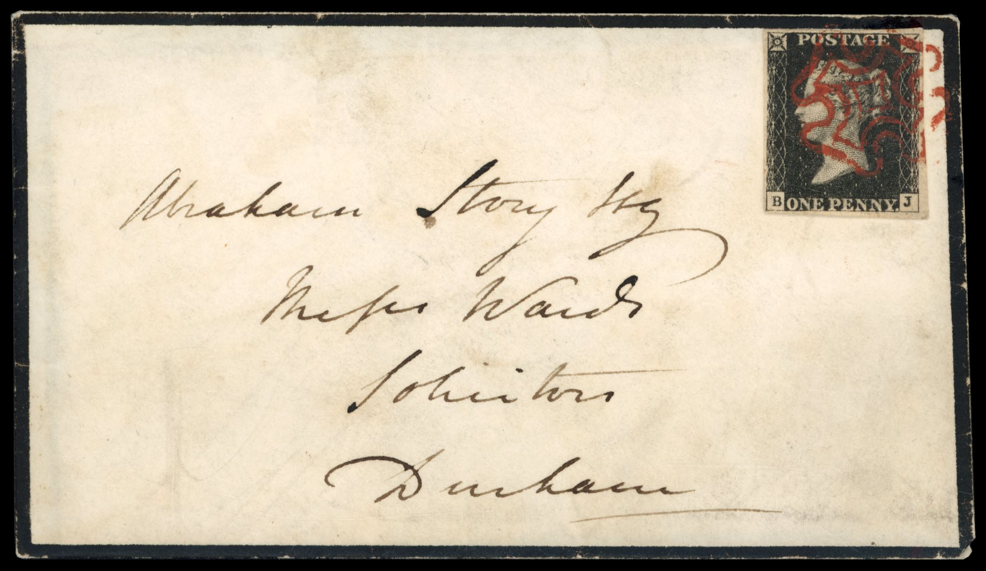 GB 1840 1d black, Plate 6 (BJ) on mourning cover to Durham