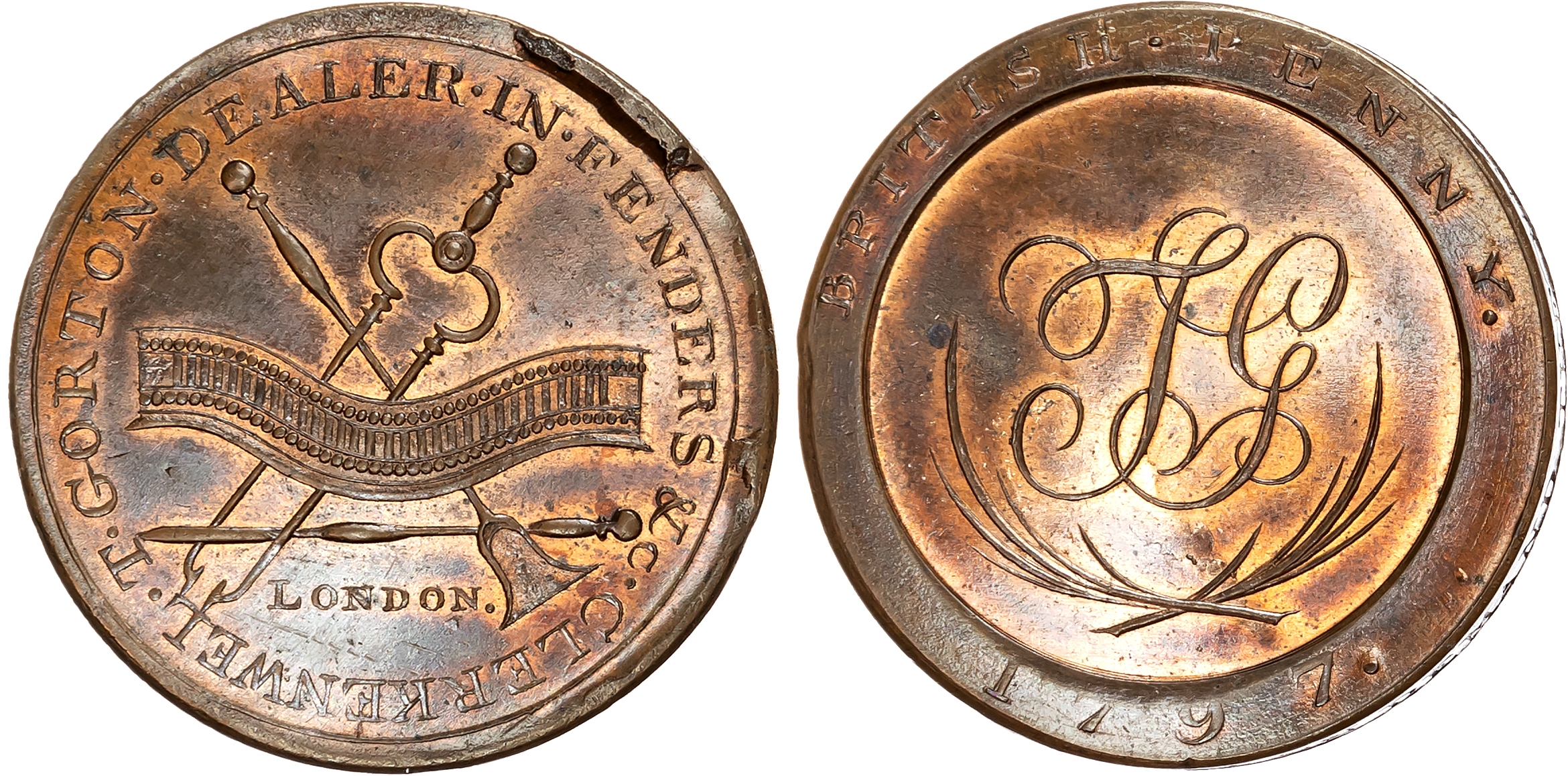 London, Clerkenwell, Thomas Gorton (ironmonger), Skidmore’s Penny, 1797, fender and fire-irons, rev . TG cypher, edge I …