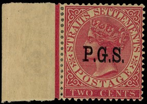 Officials.  1889 2c bright rose, left marginal example with double overprint, toned, with the selvedge skilfully...
