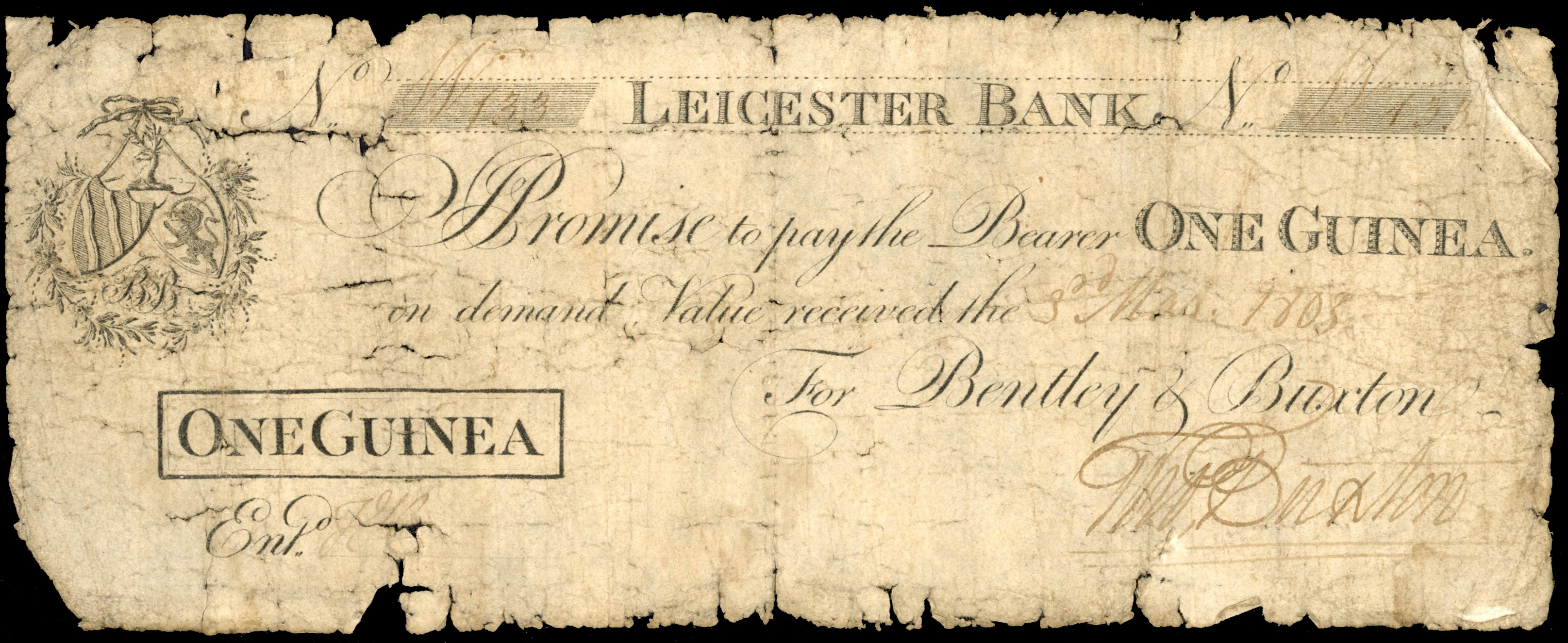 LEICESTER, Leicester Bank for Bentley & Buxton, One guinea 3 May 1803, signed Thos Buxton, serial no 133, two …