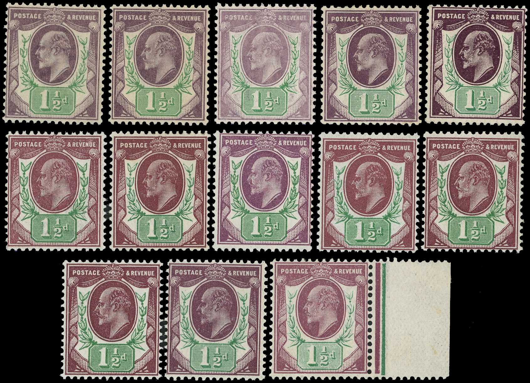 1902-11 1½ds, unmounted o.g. range (13)....