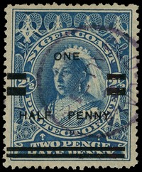 1894 surcharge ½d Type 17 on 2½d blue, used with violet Old Calabar CDS of AU 21 94.  SG 65,...