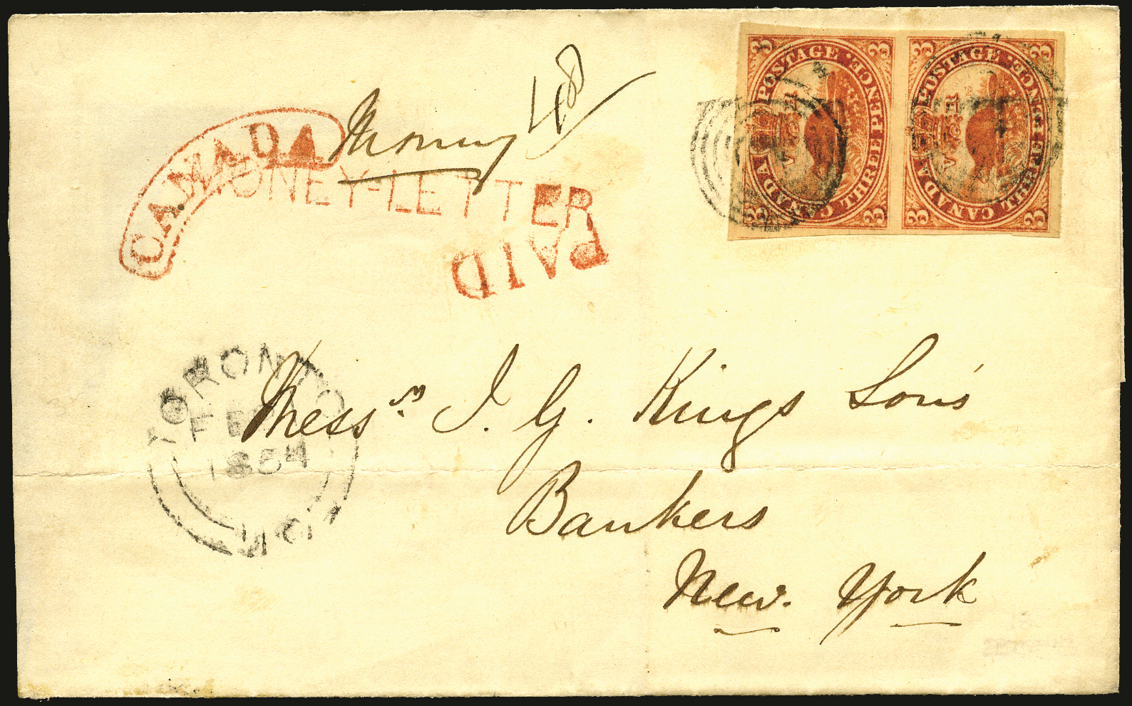 Canada 1854 cover from Toronto to NY Money Letter SG 8 