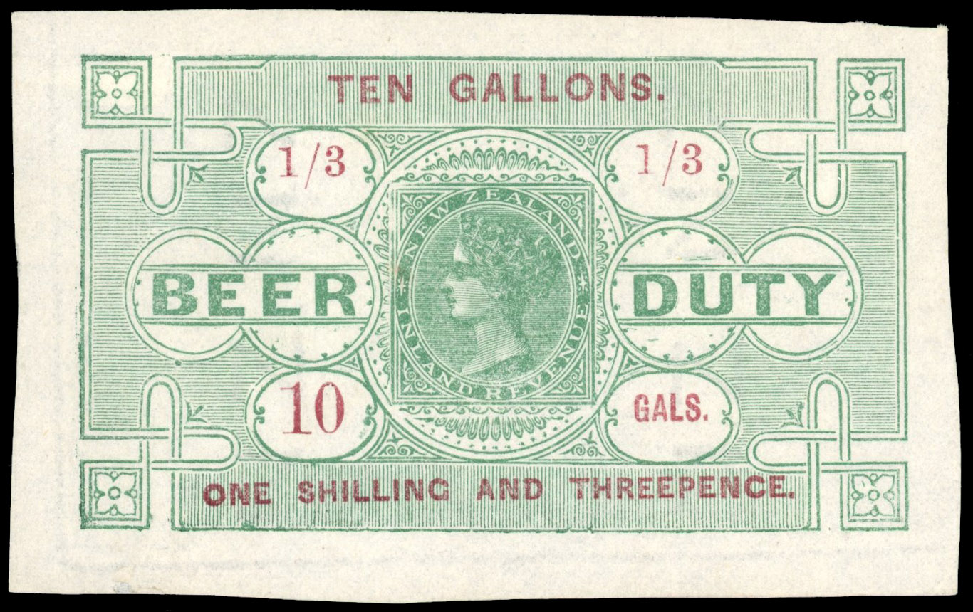NZ Beer Duty 1878 1s3d imperforate unused