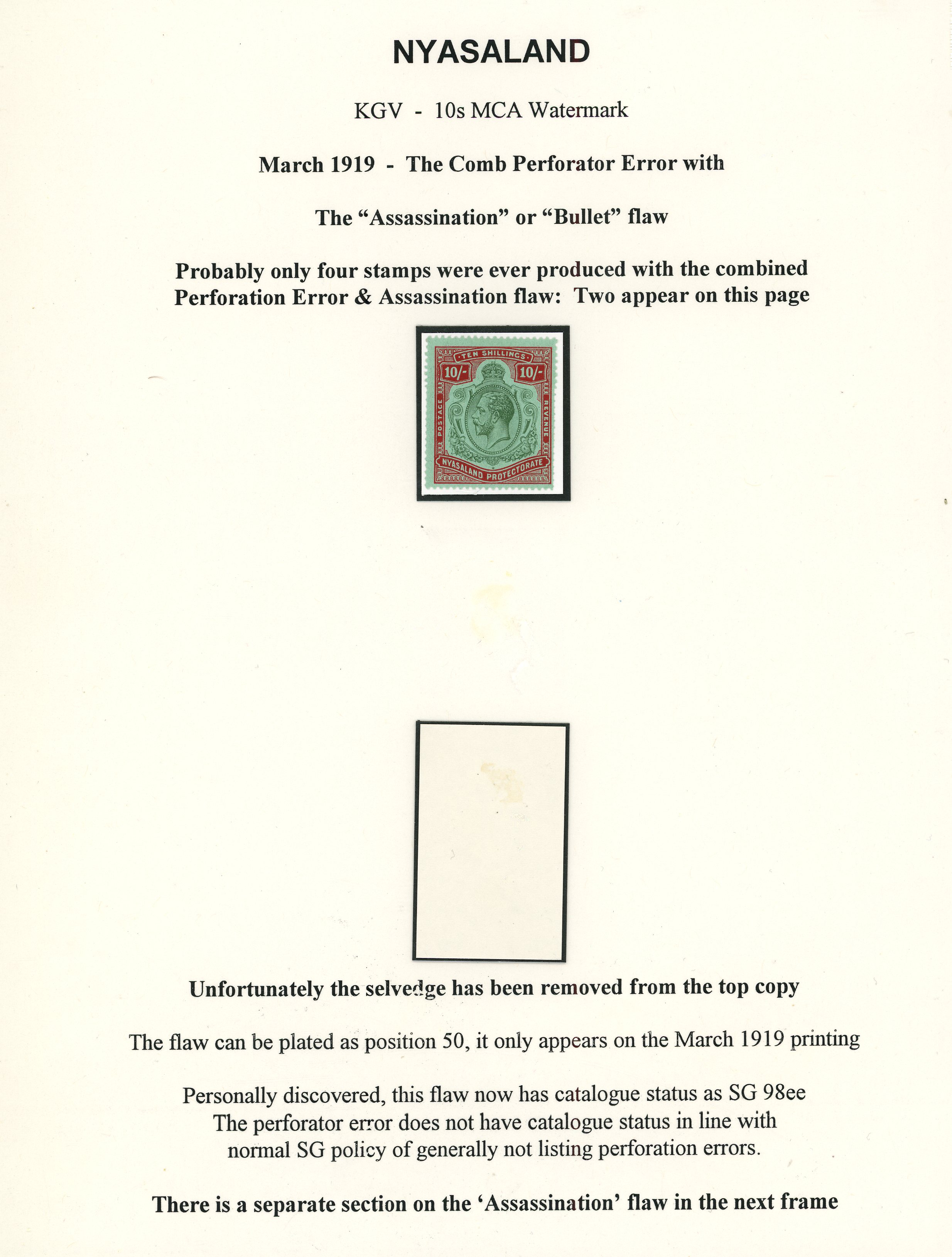 Bermuda 1913-21 10s green and deep scarlet on green variety ‘BULLET HOLES’...