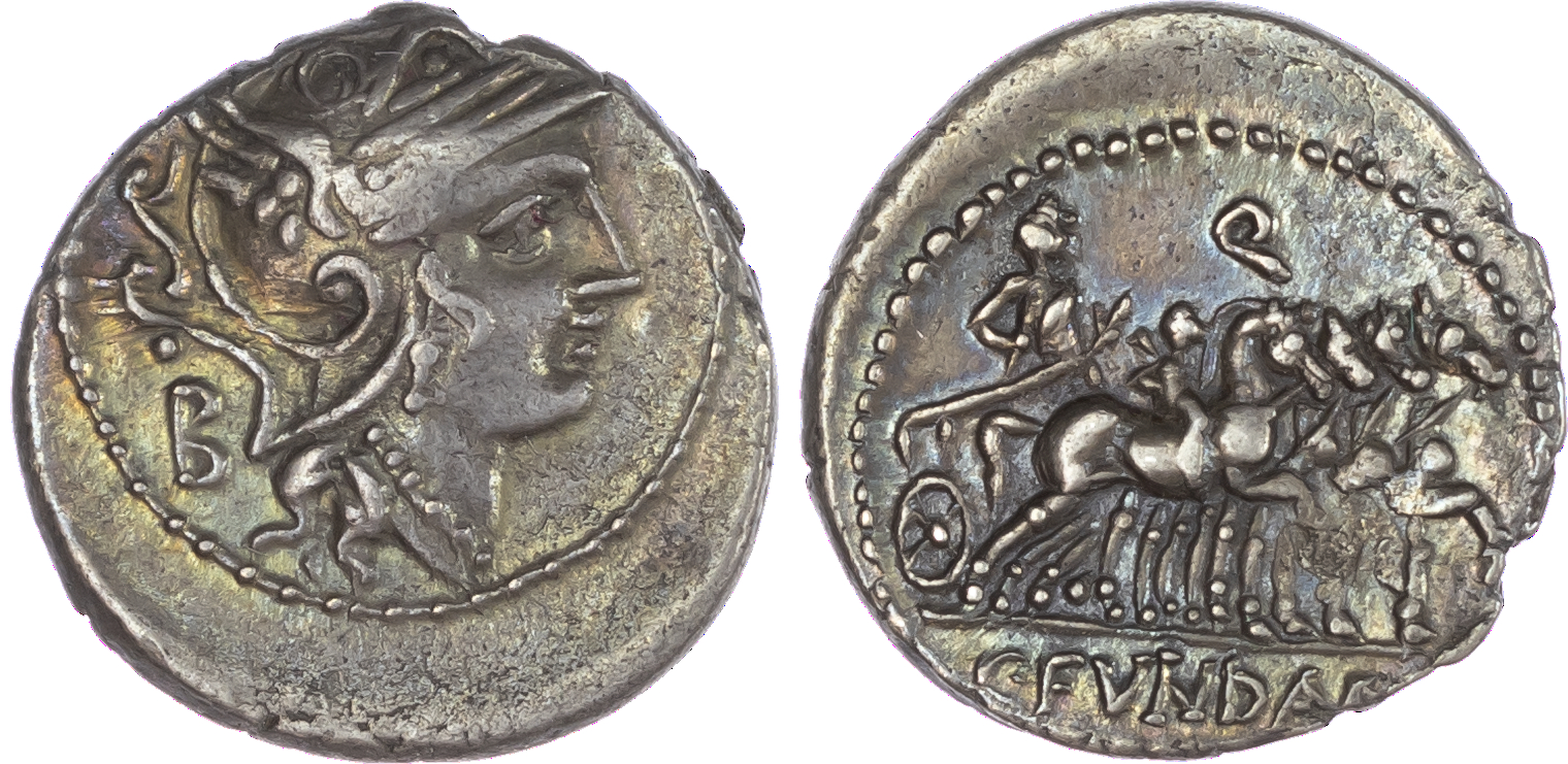 C. Fundanius (101 BC) AR Denarius, Rome, 3.79g. Helmeted head of Roma facing right, B behind. Rev. Triumphator (Marius?),