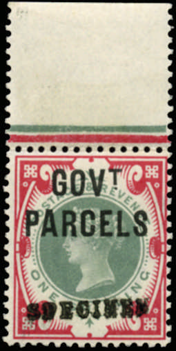 SGO72 1900 1s Green and carmine (Govt Parcels) "SPECIMEN"