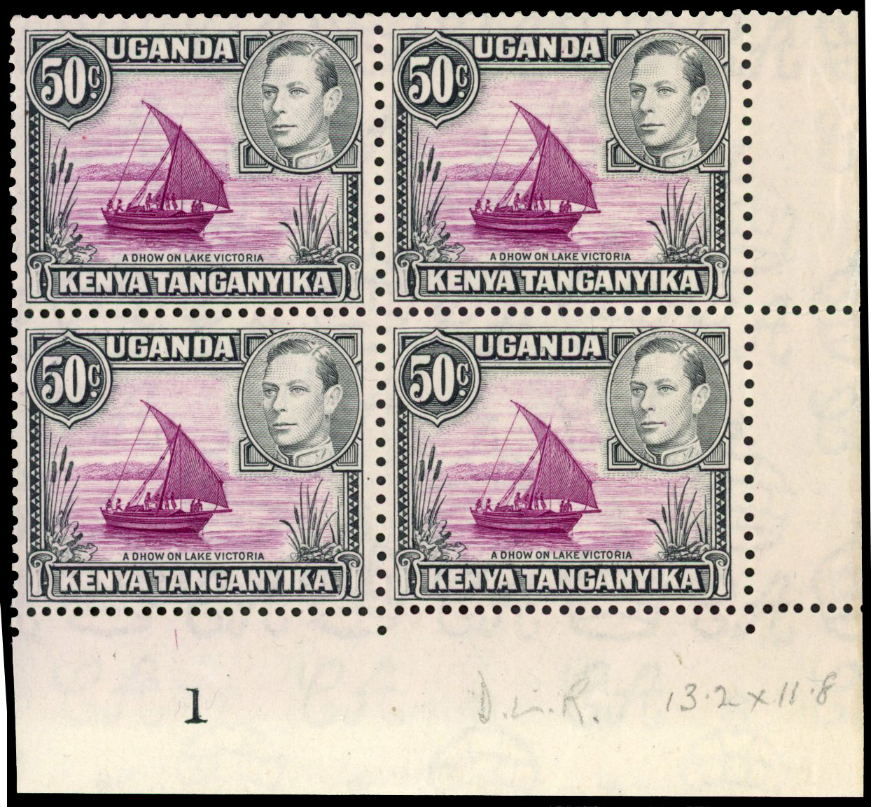 KUT SG 144 1938 50c Plate block mint