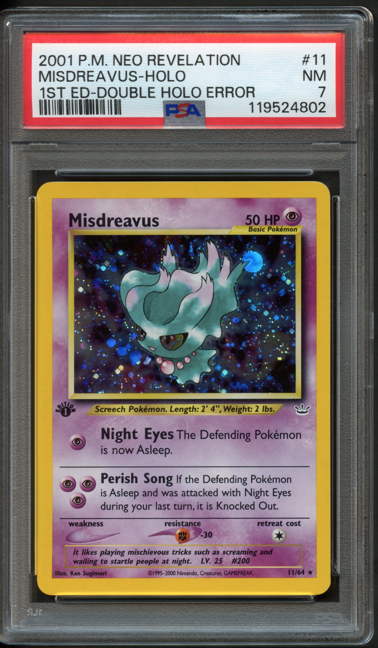 PSA 7 Misdreavus 1st Edition Double Holo Error - Neo Revelation #11