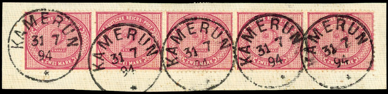German Colonies Cameroons 1894 2m purple strip of 5 forerunner used