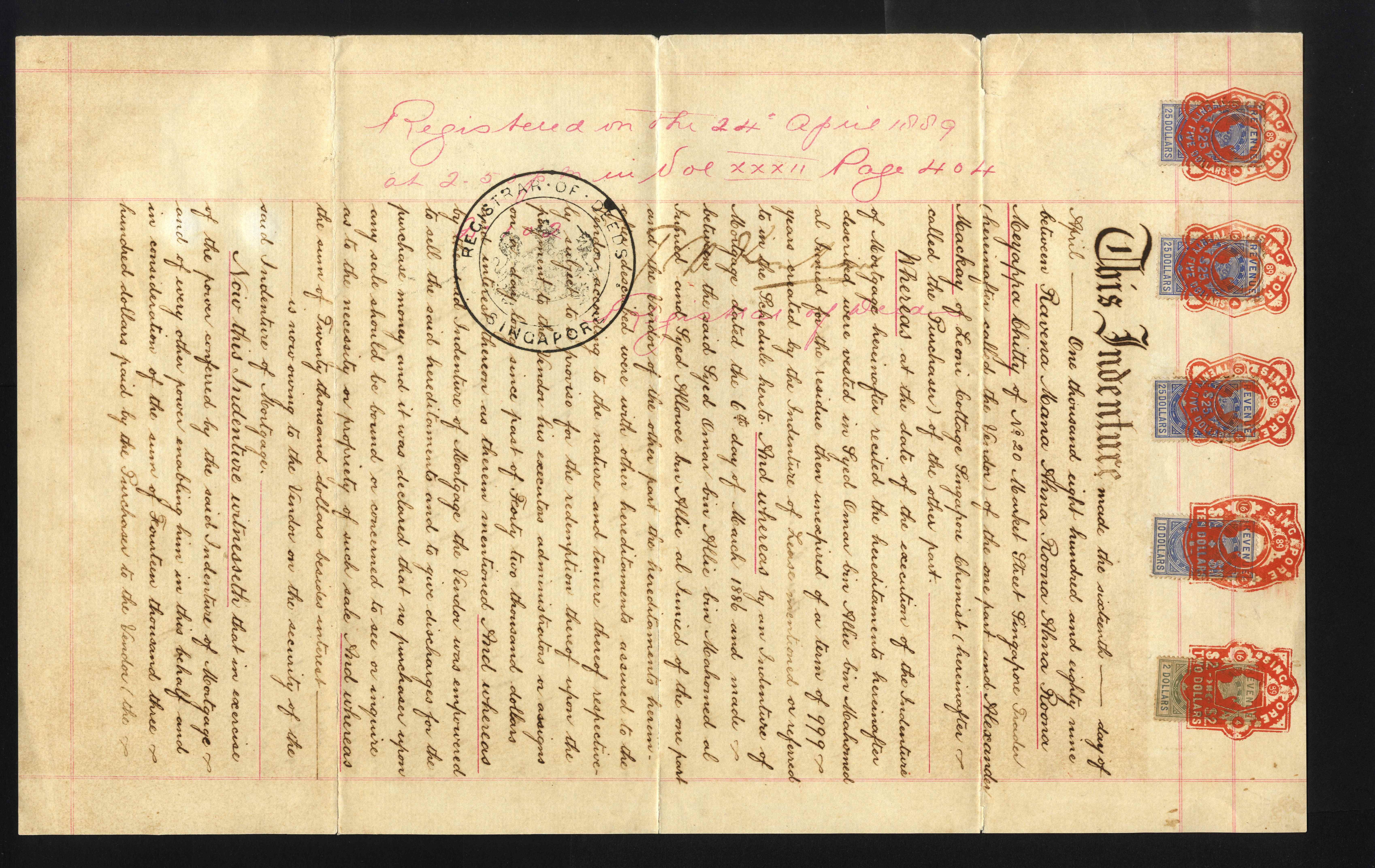 Straits Revenue 1889 document with $87 franking