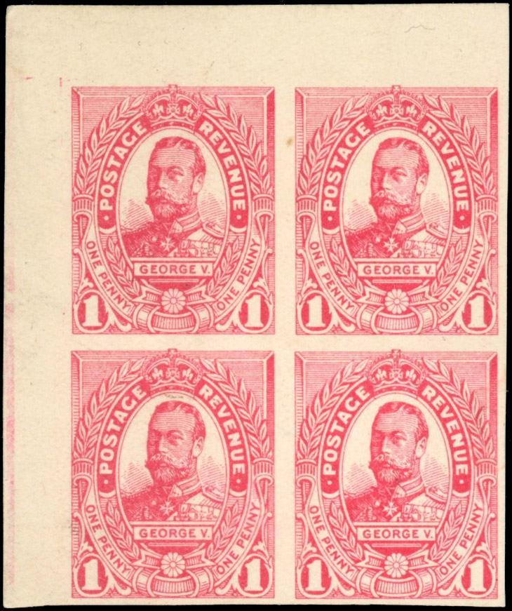 GB KGV 1d Perkins Bacon essay block of four