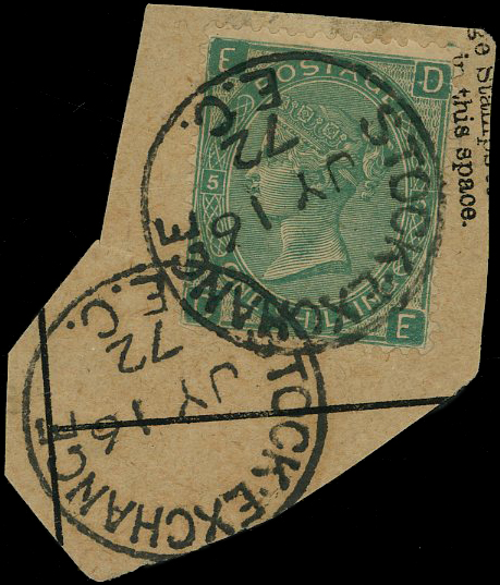 1872 1s green Pl.5 ‘Stock Exchange Forgery’.