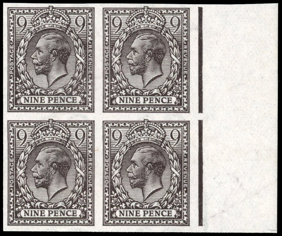 Great Britain 1913 9d Agate, Block of Four, BPMA Imprimatur, SG 392