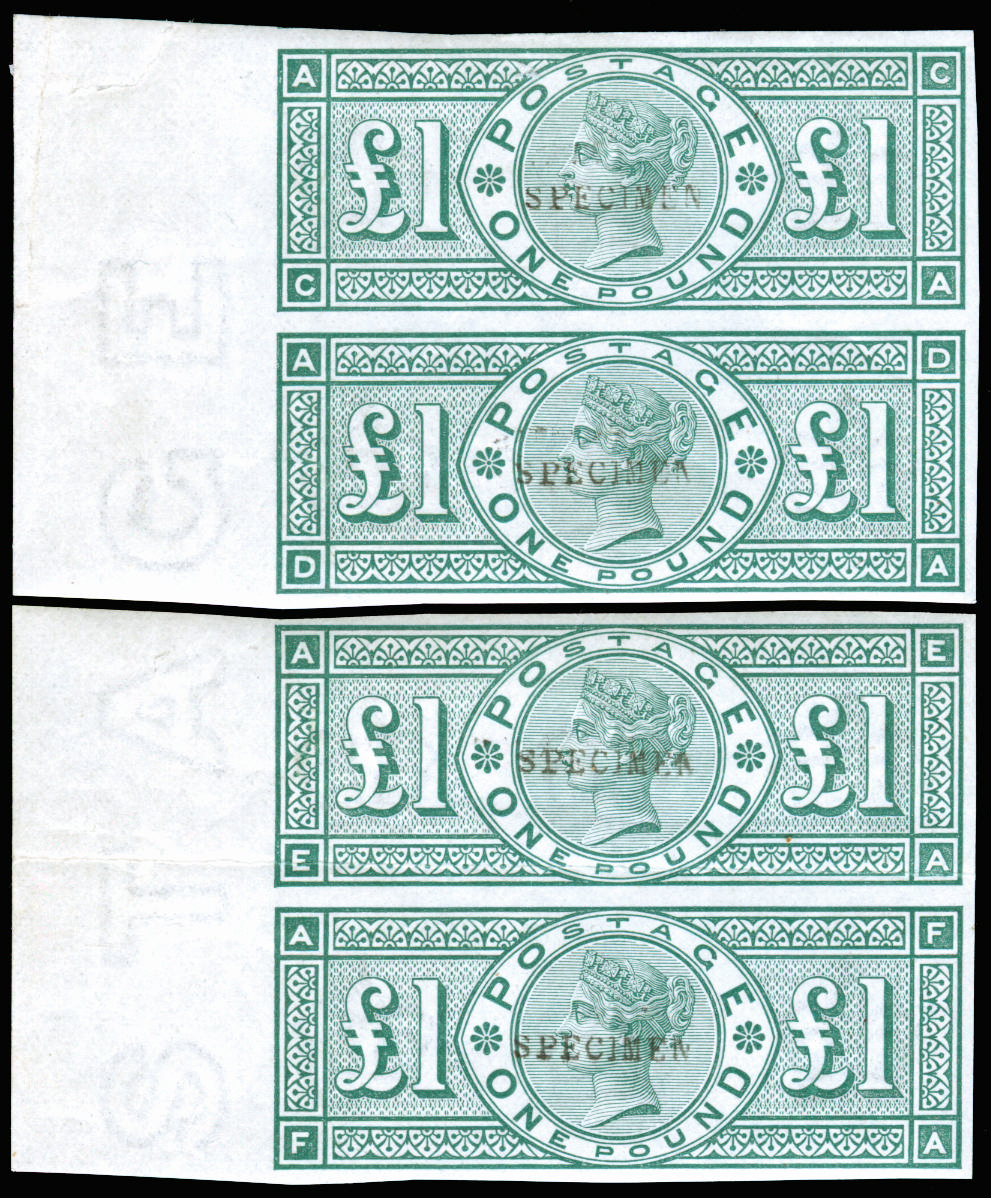 Great Britain 1890 £1 Green. Very fine and fresh unmounted o.g. left hand marginal vertical strip of four lettered…