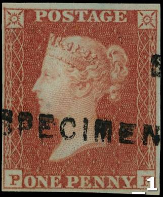GB: 1841 1d red brown plate 90 (PF) four margin overprinted “SPECIMEN” type 1, large part o.g. SG 8var