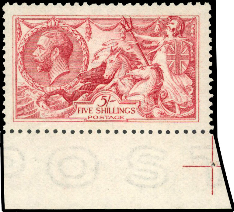 1915 De La Rue 5s pale carmine (worn plate), lower marginal example