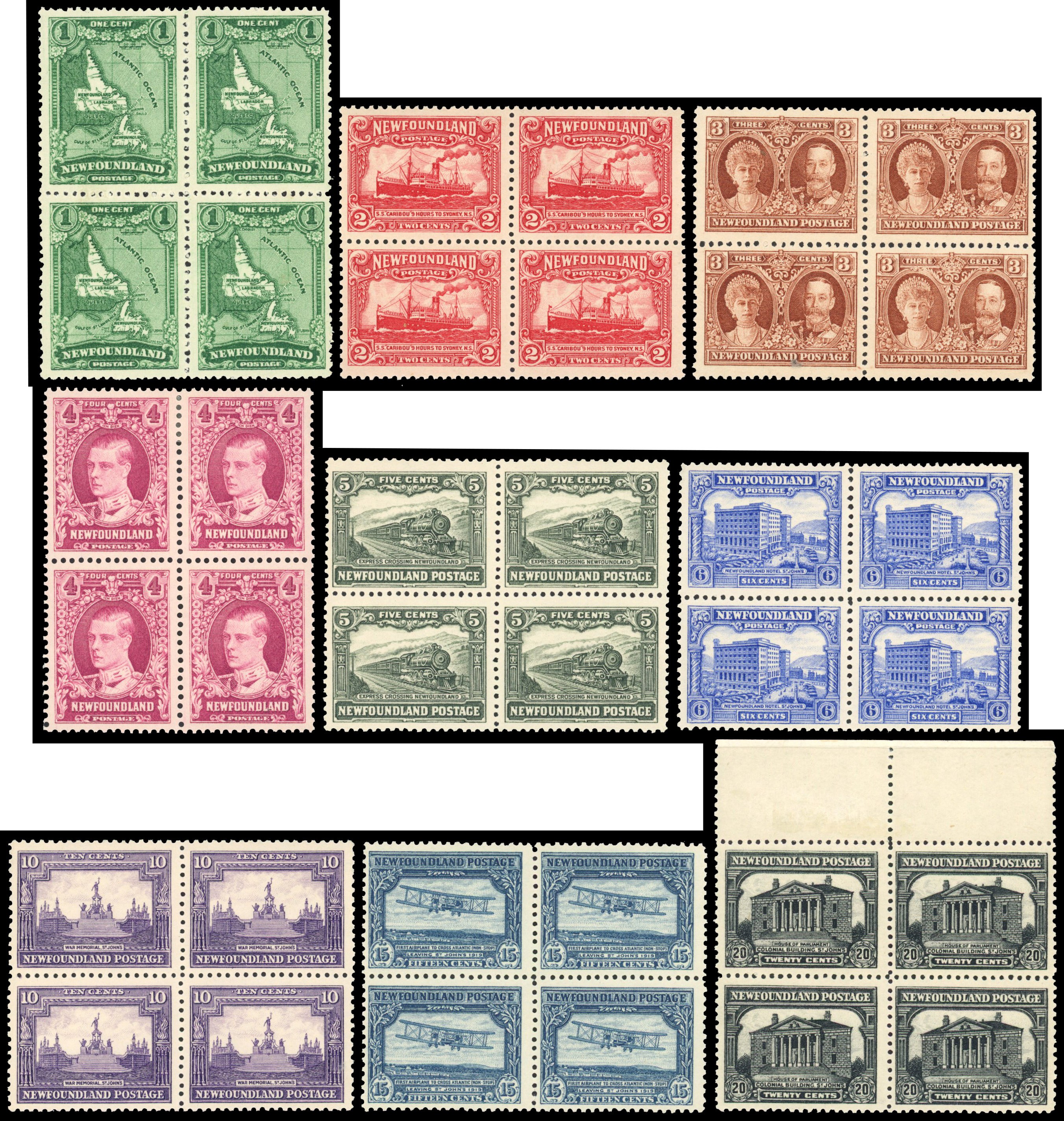 Newfoundland 1929-31 re-engraved set of 9 to 20c blocks of 4