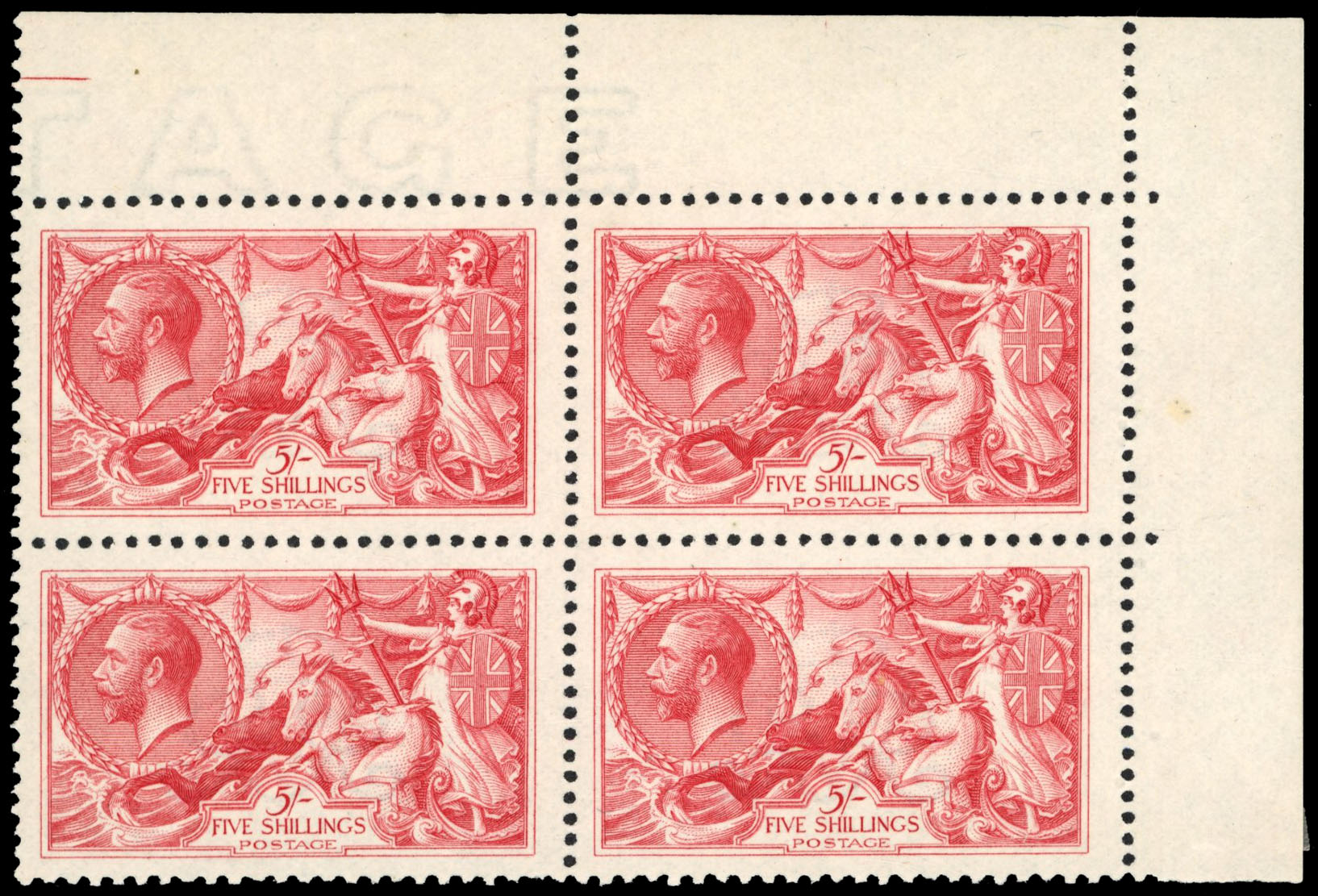GB SG 416 1919 5s Seahorse mint block