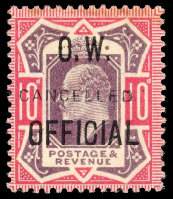 GB O.W. Official. 1902-03 10d dull purple & carmine, optd ‘CANCELLED’ Type 18, Spec. MO18t, SG O40var