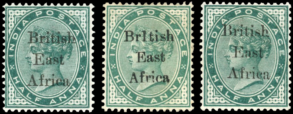 British East Africa SG 49d 1895 India ½a overprint varieties mint