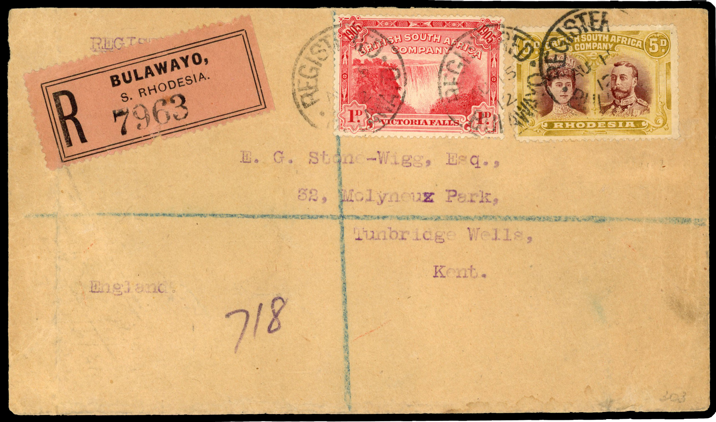 Rhodesia 1912 registered cover from Bulawayo to England