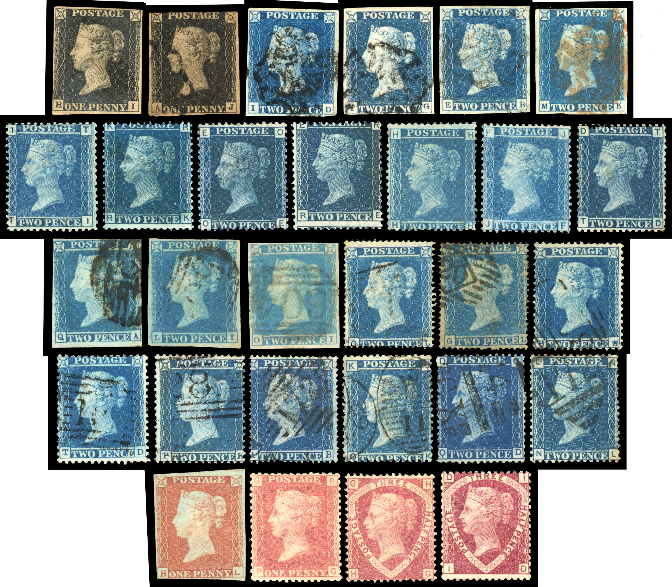 QV to KGV selection on Hagners mint including 1840 1d black (HI) 4-margins, 1841 1d red-brown 1858-76 2d blue 7 plates