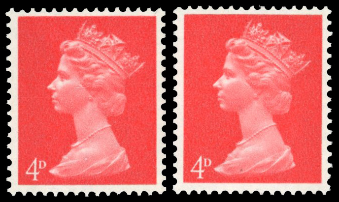 GB: 1967-70 4d bright vermilion, one left and one right phosphor bands, unmounted mint variety both with ‘UNCOATED PAPER’,