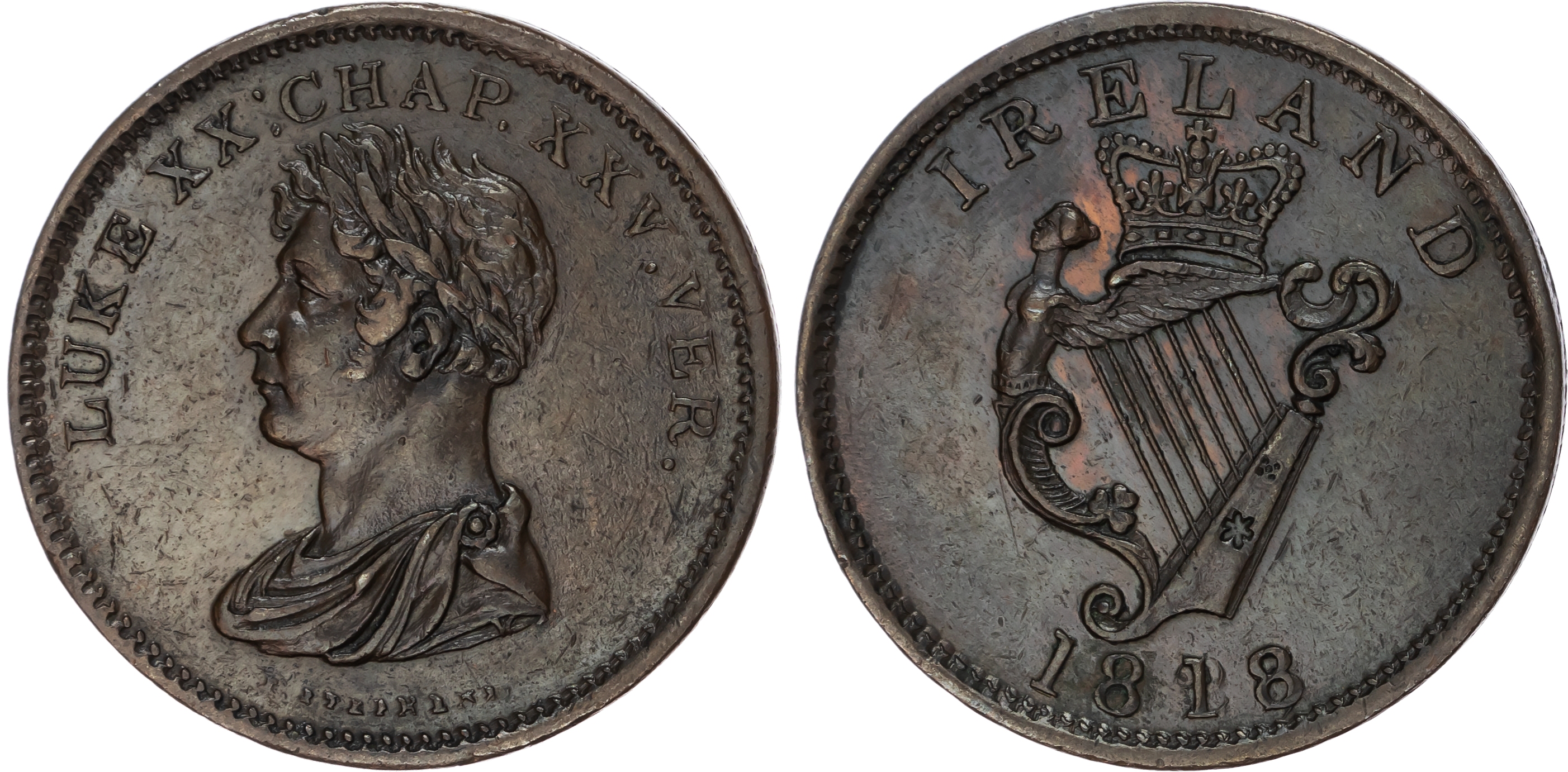 DUBLIN, Co. Dub. Edward Stevens Penny 1818, Laureate, draped bust of Prince Regent left, rev. crowned Irish ha…